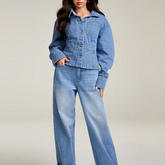 Blue Casual Women's Washed Denim Jacket With Waist Cinching